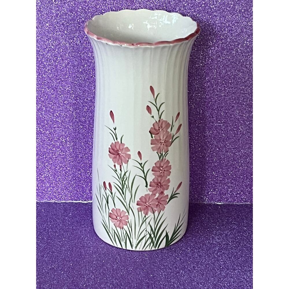 RELPO Floral Vase Pink Flowers Vintage Hand Painted Scalloped Rim